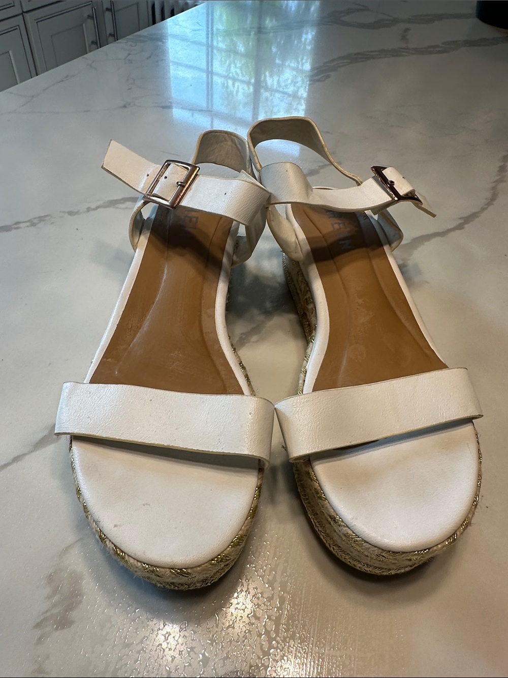 SHEIN White Espadrille Platform Sandals with Ankle Buckle